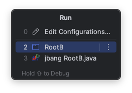Run popup with Run and Debug actions